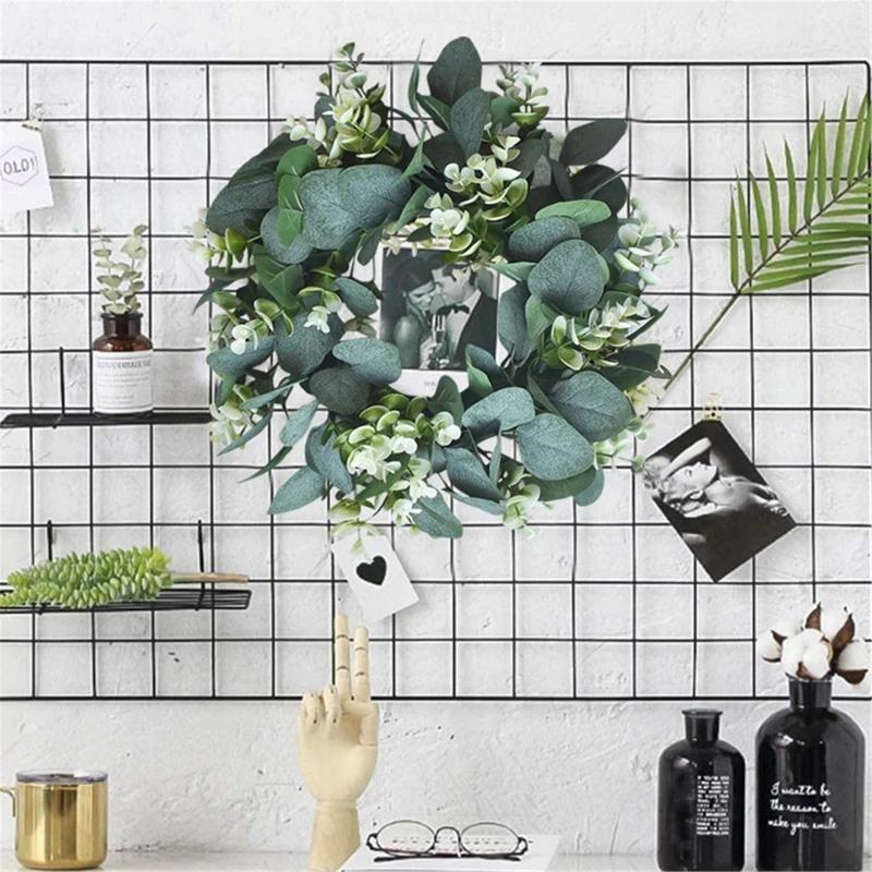 

Round Artificial Green Eucalyptus Door Wreaths with White Flower Simulation Wild Leaves Garland Wreath Versatile Front