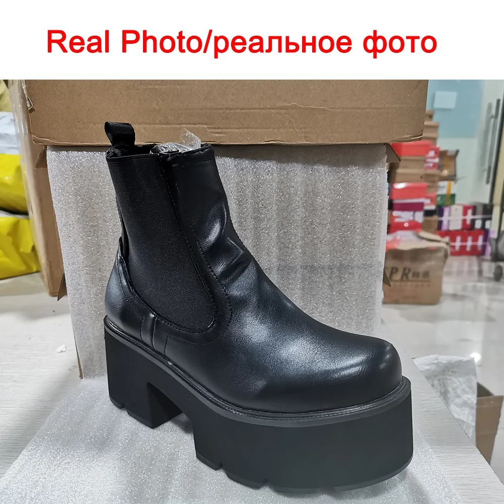 

BONJOMARISA Autumn New Girls Genuine Leather Boots Platform Height Increasing High Heels Slip On Boots Women Concise Shoes Woman