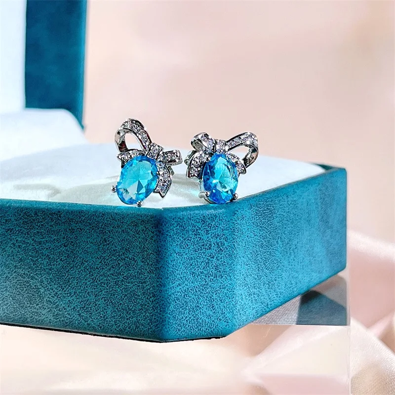 

Bague Ringe New real sterling silver 925 earrings studs with oval sapphire gemstones 5a zircon summer earring jewelry gift