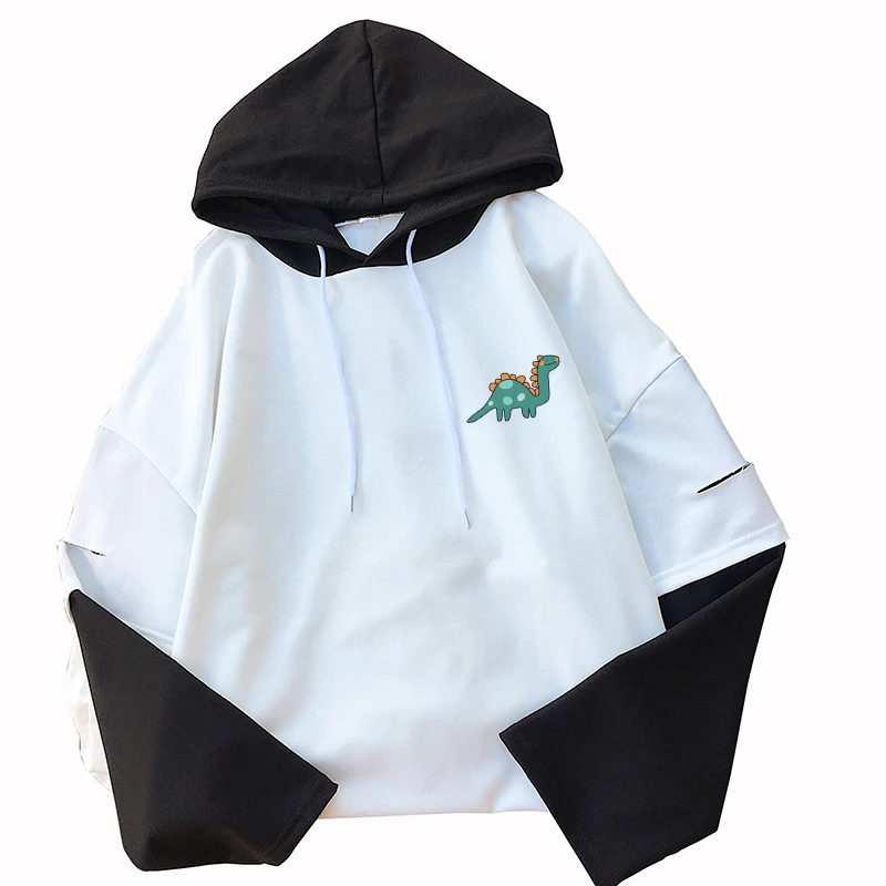 

y2k Blouses Tops Kawaii Women's Long Sleeve Fake 2Pcs Splicing Cute Dinosaur Cartoon Print Hooded T-Shirt Harajuku Woman Clothes