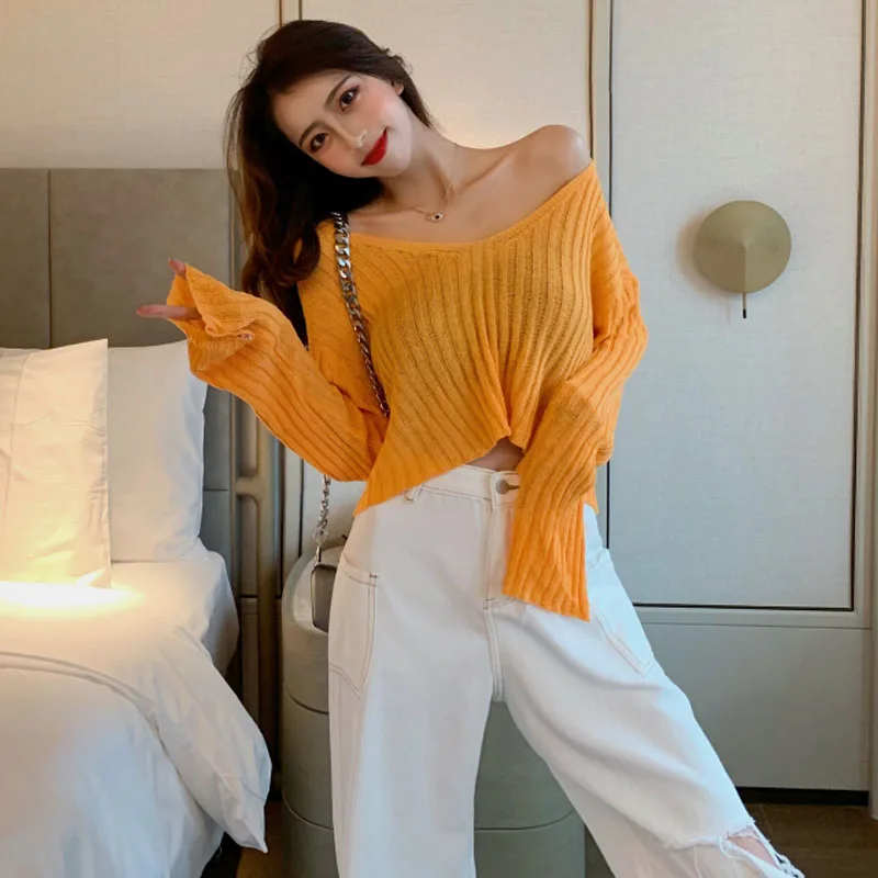 

New Spring Summer Casual Loose V-Neck All-Match Knitted Long Sleeve T-Shirt Women Autumn Sexy Off Shoulder Thin Crop Tops Shirt