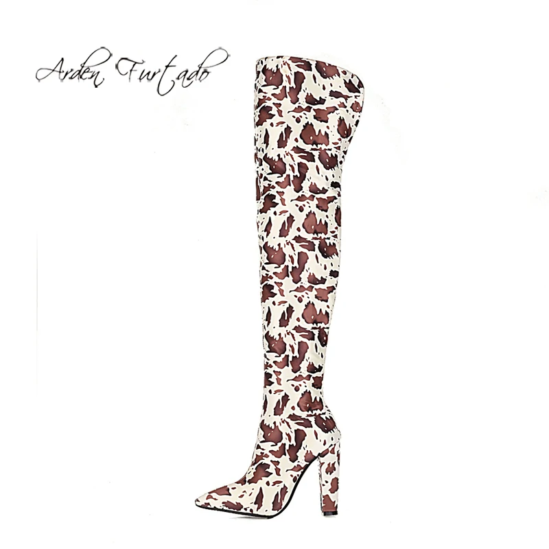 

Arden Furtado 2021 зимняя модная женская обувь для взрослых на массивном каблуке Сапоги выше колена элегантные полосатые высокие сапоги до бедра 42 ...