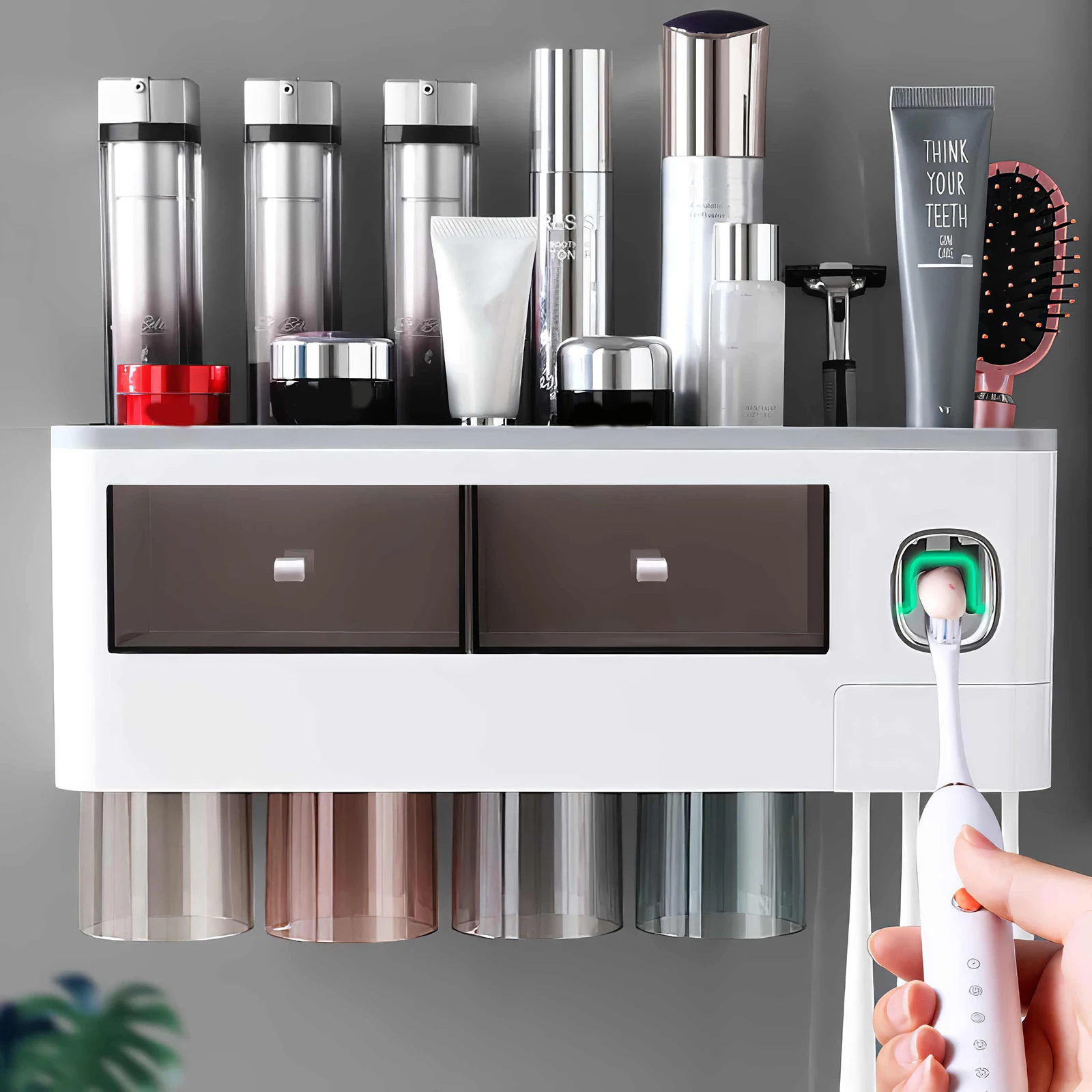 

Wall-Mounted Toothbrush Holder With Toothpaste Dispenser Punch-Free Bathroom Storage For Home Waterproof Bathroom Accessories