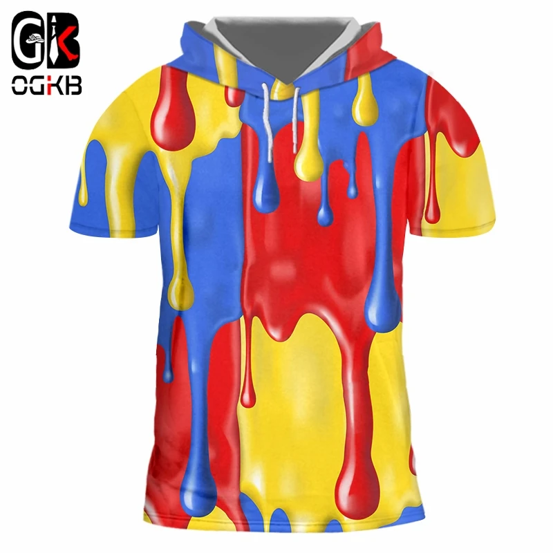 

OGKB New Splash Paint Colorful Stripes Hooded T-shirt Summer Men 3D Printing T-shirt Personality Streetwear Casual Top Oversized