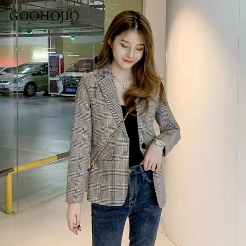 

GOOHOJIO 2021 New Spring Autumn Casual Blazers Women Lattice Temperament Blazer for Ladies Single-breasted Women Vintage Blazers