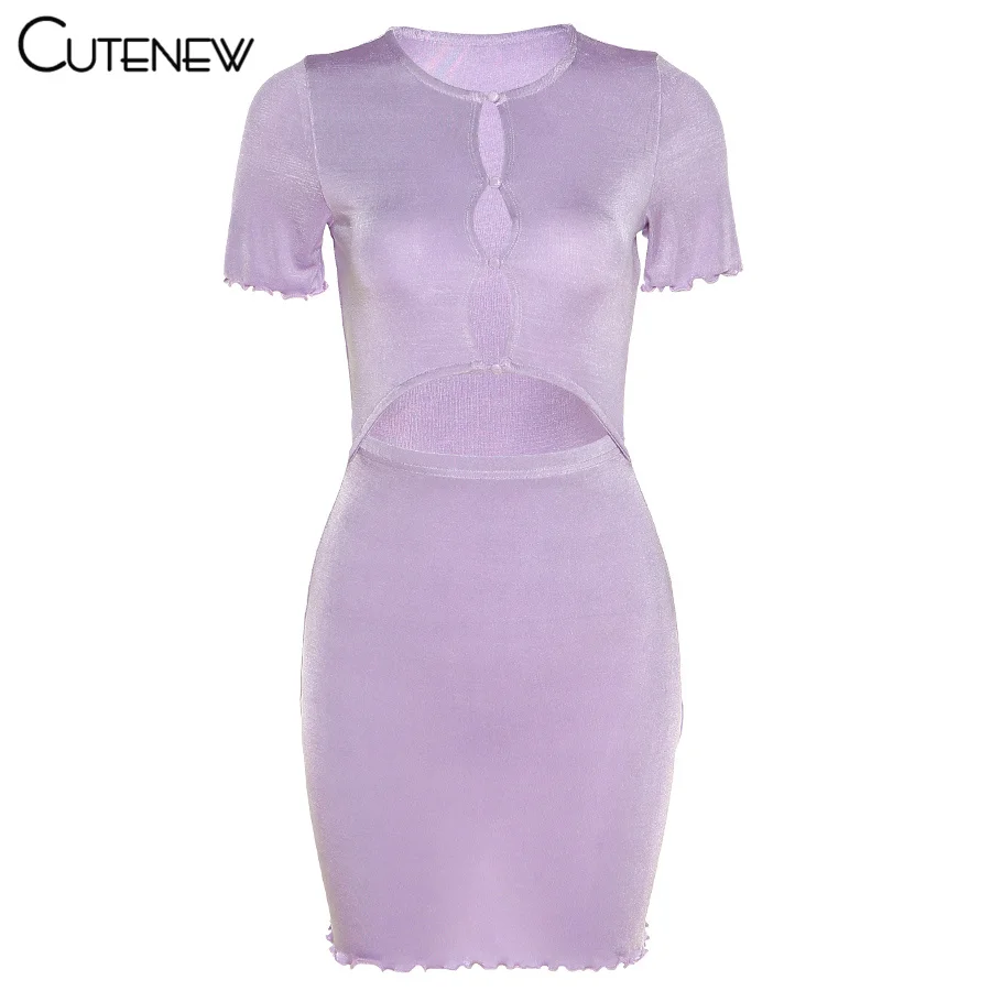 

Cutenew Solid Sexy Hollow Out Short Sleeve Bodycon Mini Dress Women's Summer Casual Slim Buttons Stretch Lady Dresses Streetwear