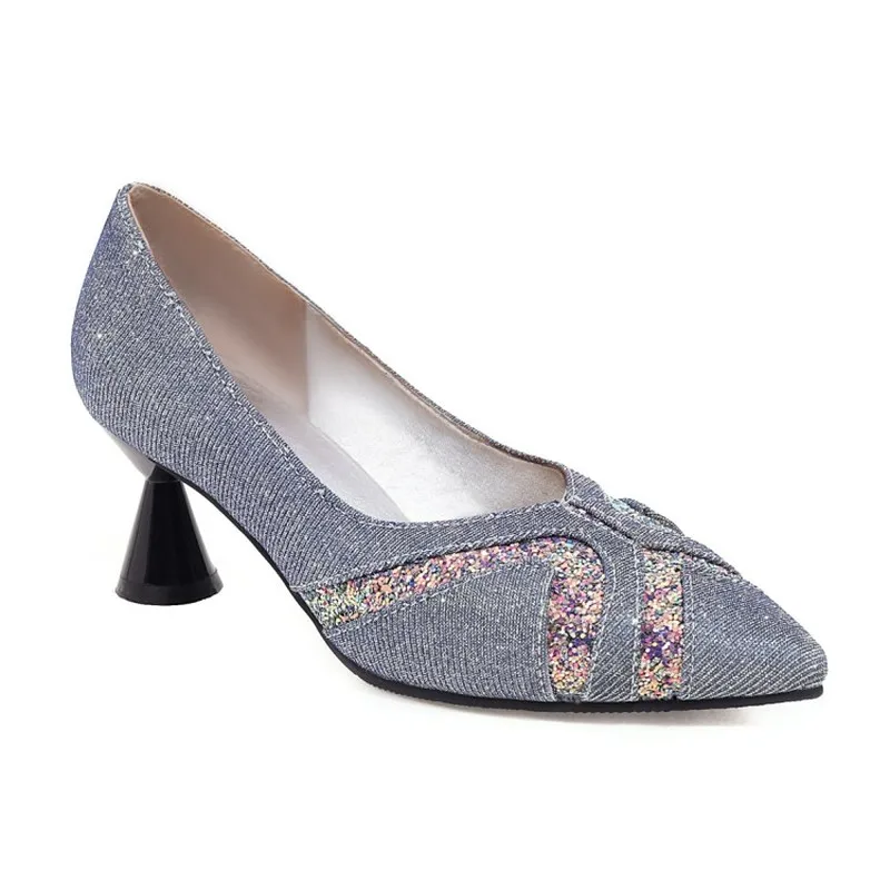 Туфли-лодочки женские с заостренным носком золотым каблуком и блестками | Обувь