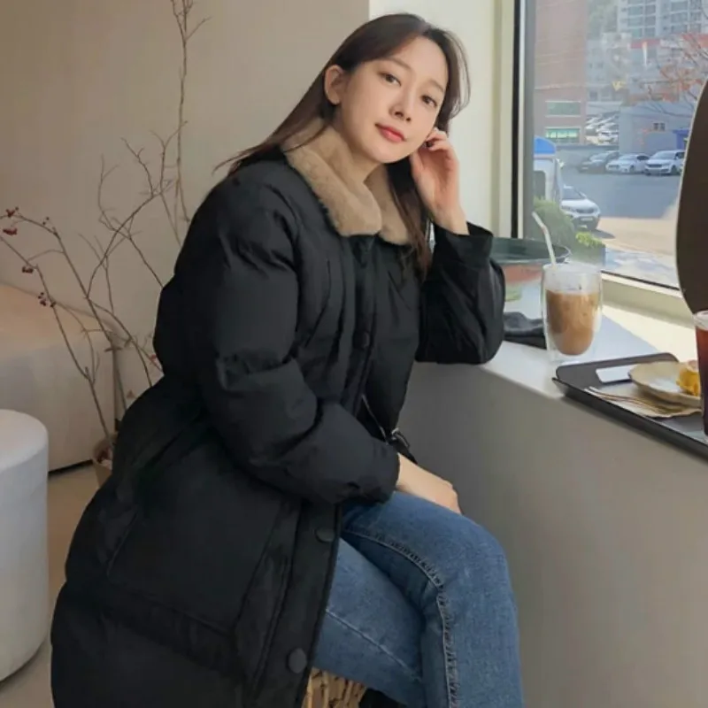 

Warm Bread Coat Jacket Drawstring Overcoat Covered Zipper Outerwear Women Winter Beige Long Parkas Fuzzy Collar Elastic Waist