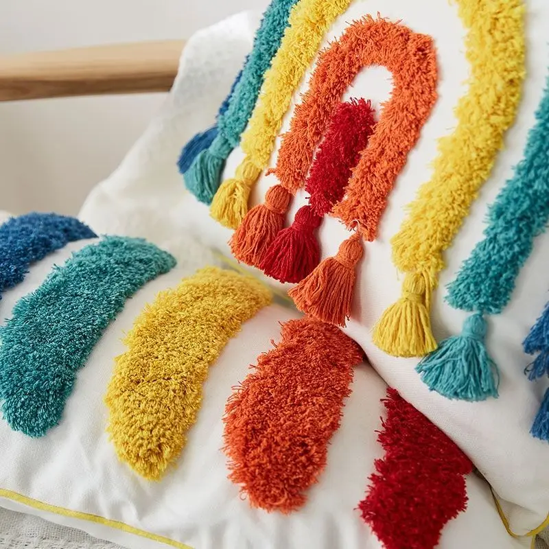 

Tuft Rainbow Color Cushion Cover Modern Geometric Sofa Pillow Cover Square Tassels Bohemia Pillowcase Bed Room Home Decoration