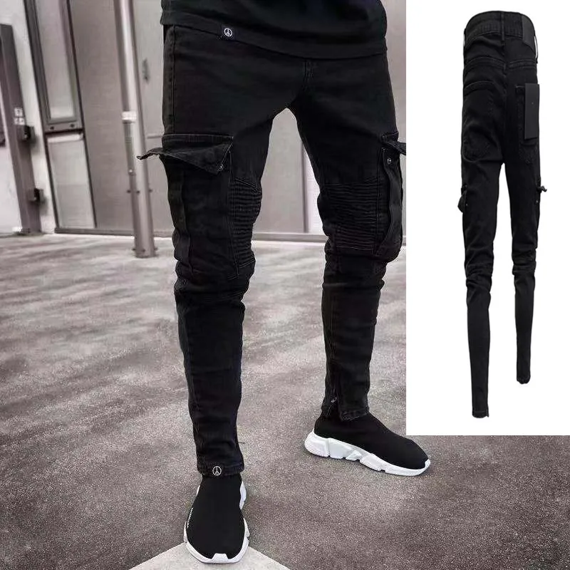 Men's Fashion Thin Skinny Jeans for Men Hiphop Long Pencil Pants Ripped Slim Multi-pocket jogging | Мужская одежда