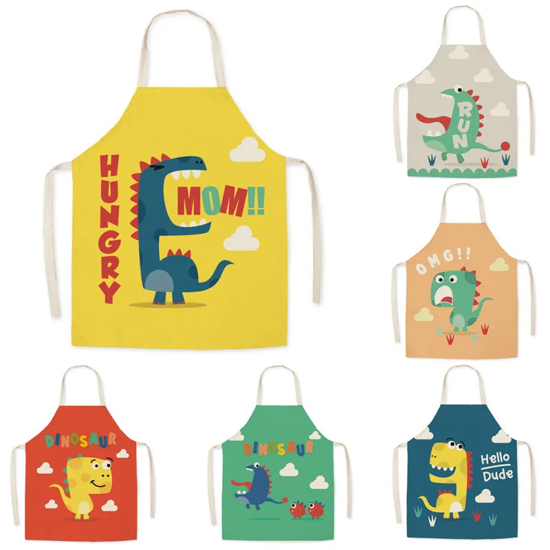 

Cartoon Dinosaur Print Kitchen Apron Men Women Chef Cooking Aprons Bibs Cotton Linen Waist Apron Cleaning 68*55cm WQ-0232