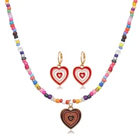 bohemian vintage colorful beads chain red heart pendant fashion necklaces earring jewelry set for women elegant accessories 01