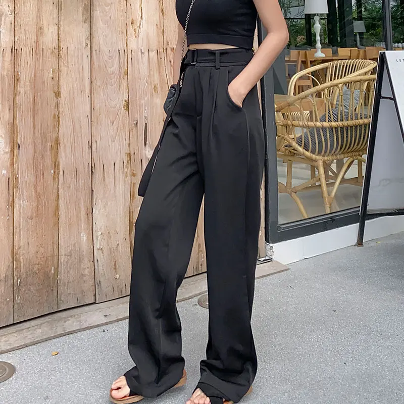 Широкие брюки с поясом и высокой талией женские офисные Костюмные 2021 размера