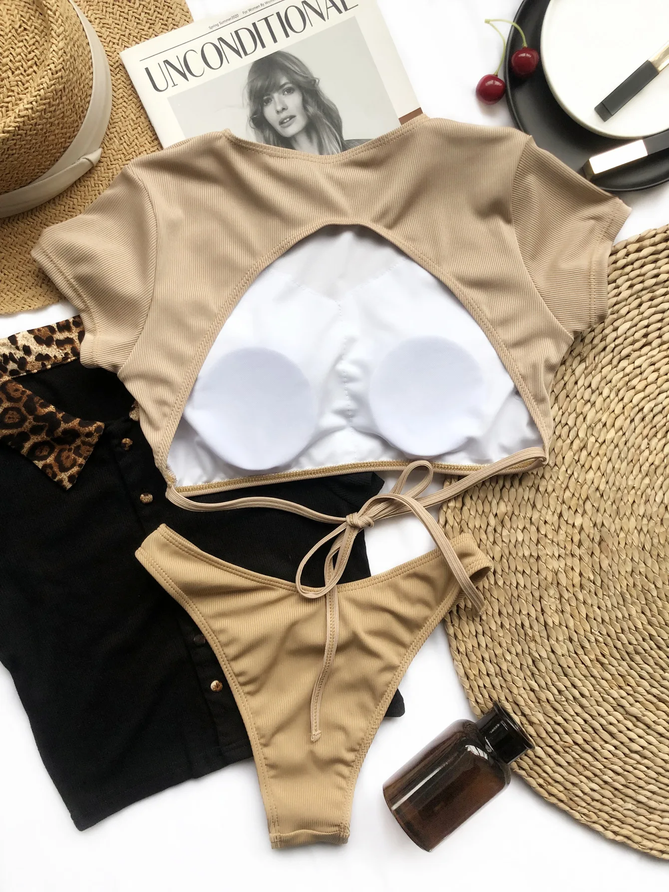 

Ribbed Backless Short Sleeve Bikini Women Swimwear Female Swimsuit Two-piece Bikini set High Neck Bather Bathing Suit Swim