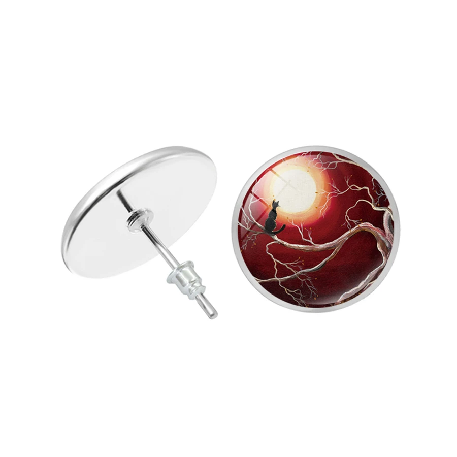 Серьги-гвоздики с полной луной Черный кот на дереве астрономические кольца