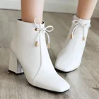 Женские кожаные ботильоны на молнии, однотонные ботинки с квадратным носком, на шнуровке, с бантом, на квадратном каблуке, зимние полусапожки