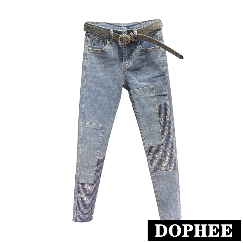 

European Jeans Women's 2020 New Spring High Waist Tight-fit Pencil Trousers Hot Drilling Lady Cropped Stretch Denim Pants