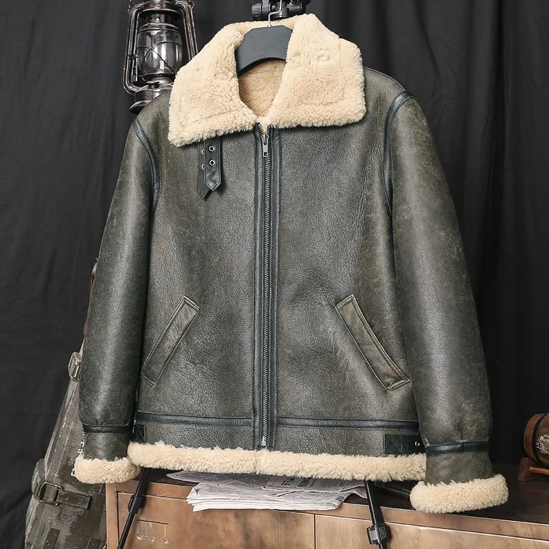 

2021 Light Green Military Style B3 Bomber Pilot Shearling Coat Plus Size 4XL Genuine Sheepskin Russian Winter Thick Aviator Coat