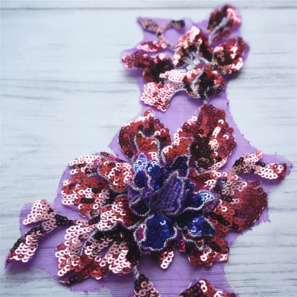 Фиолетовые блестки цветок кружевная ткань воротник вышитая аппликация для