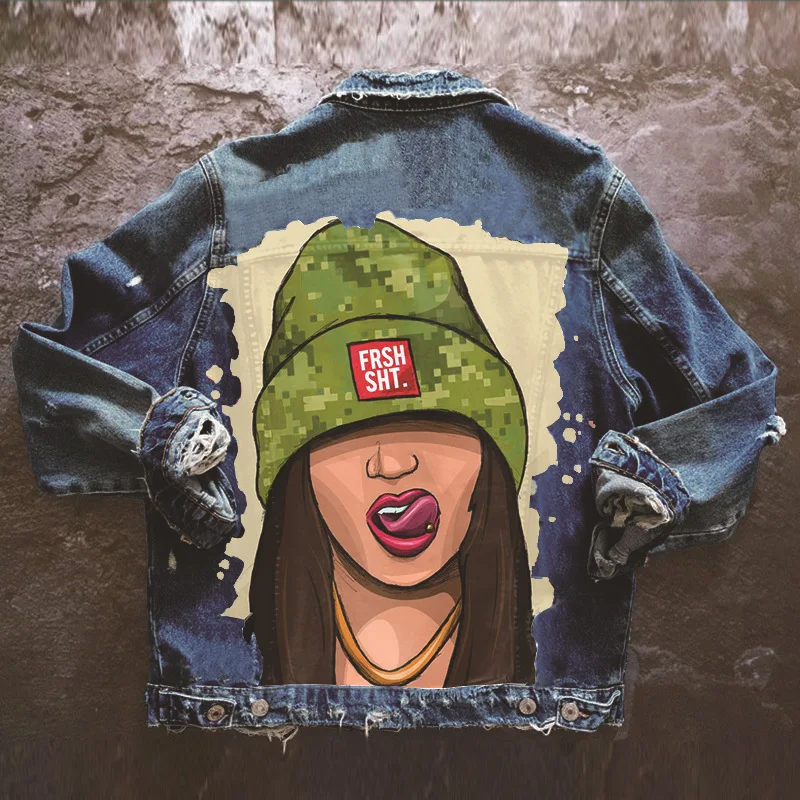 

Girls Print Fashion All-match Women's Denim Jacket Lapel Long Sleeve European and American Denim Jacket Women 2021