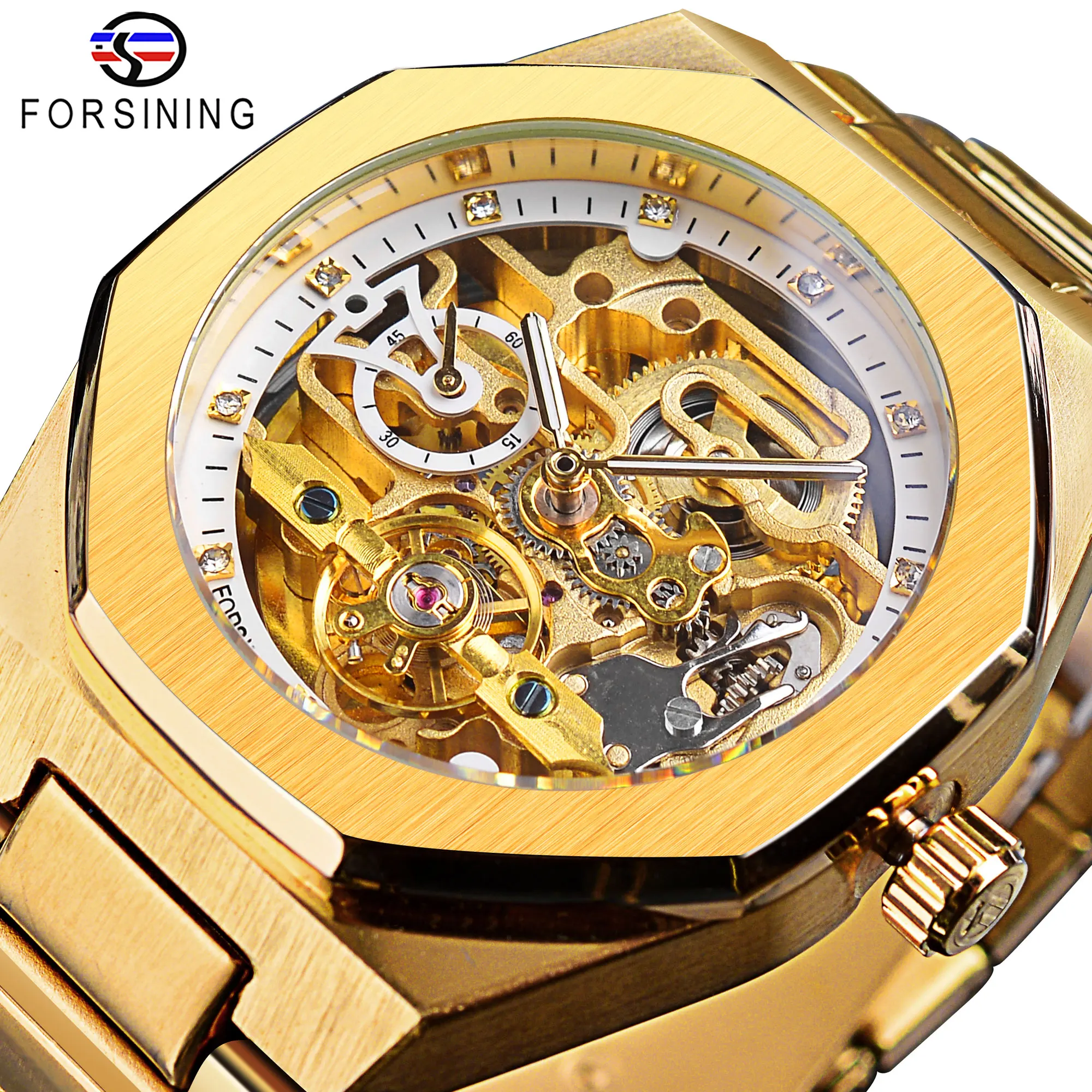 

Forsining Mechanical Men's Wrist Watches Luxury Design Skeleton Automatic Watch Stainless Steel Gold Men Analog Clock Waterproof