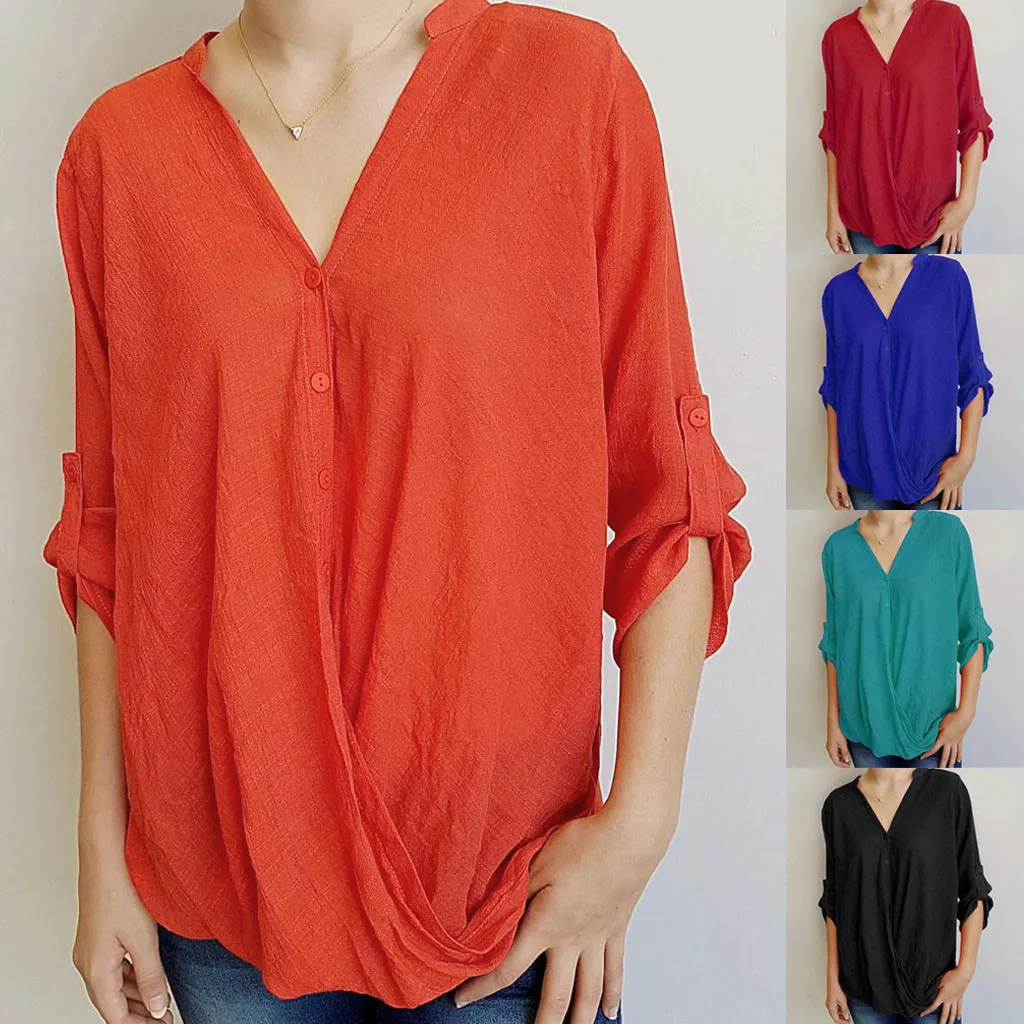 Женские топы женская летняя модная повседневная однотонная Свободная блузка с V