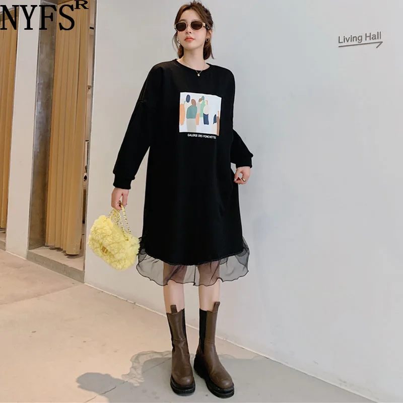 

NYFS 2021 New Winter Korea Woman Dress Vestidos Robe Elbise Fashion Organza ruffled Polar Fleece Hoodie Dress
