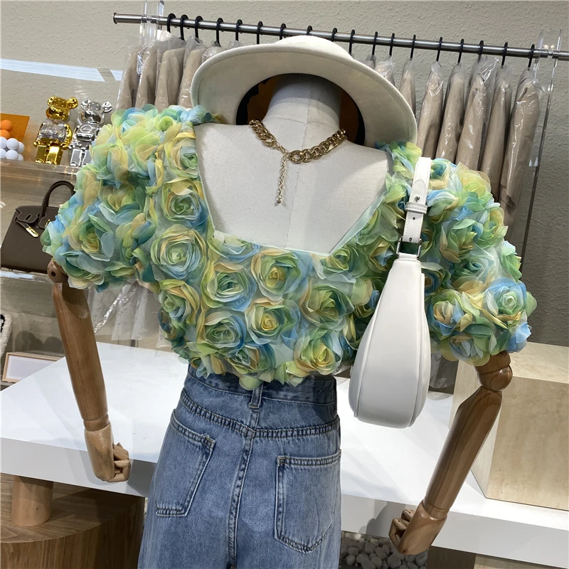 

Rose Flower Short Sleeve Blouse Top 2021 New High Waist Puff Sleeve Elegant Shirt Women Square Collar Pullover Casual Shirt