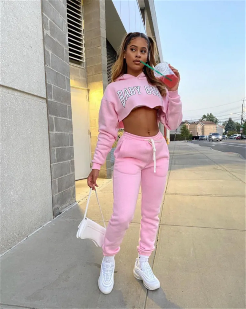 

Baby Girl Letter Print Sweatsuit Women's Set Hooded Crop Top Jogger Pants Set Tracksuit Fitness Two Piece Set Outfits