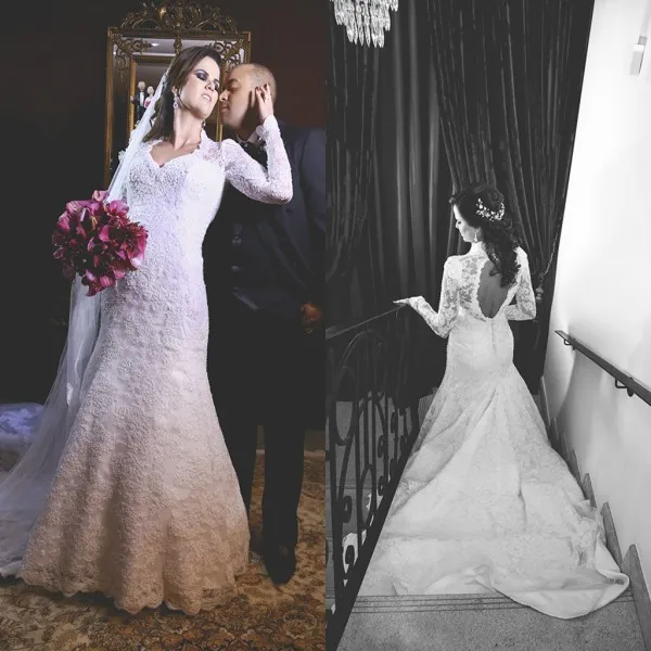 

sexy backless Customized Long Sleeve vestido de noiva Lace Appliqued Mermaid bridal gown 2018 mother of the bride dresses