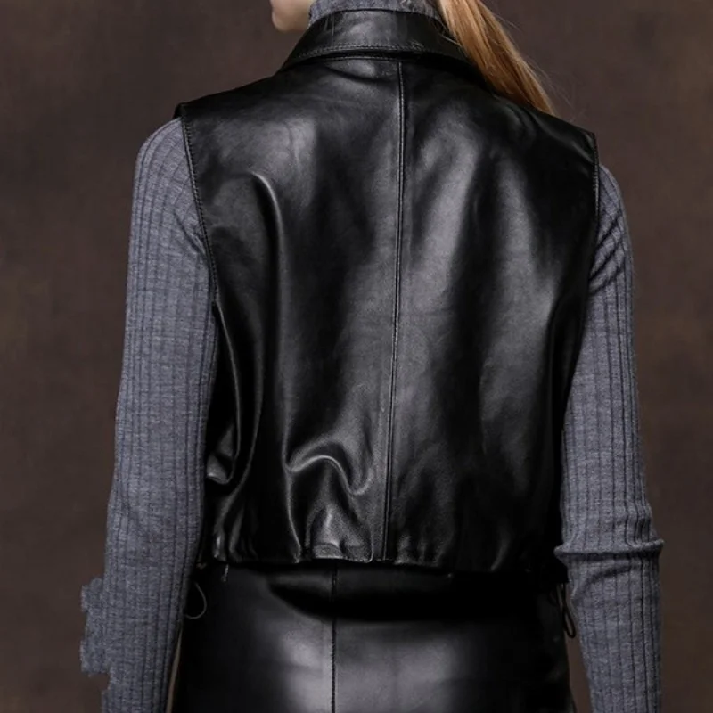 

Brand Genuine Leather Short Vest Women Punk Sheepskin Black Waistcoat High Quality Motorcycle Biker Leather Sleeveless Jacket