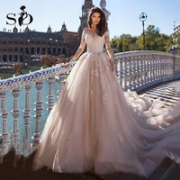 sodige luxury wedding dress elegant 2022 dubai appliques lace long sleeves pink wedding bridal gown with detachable train