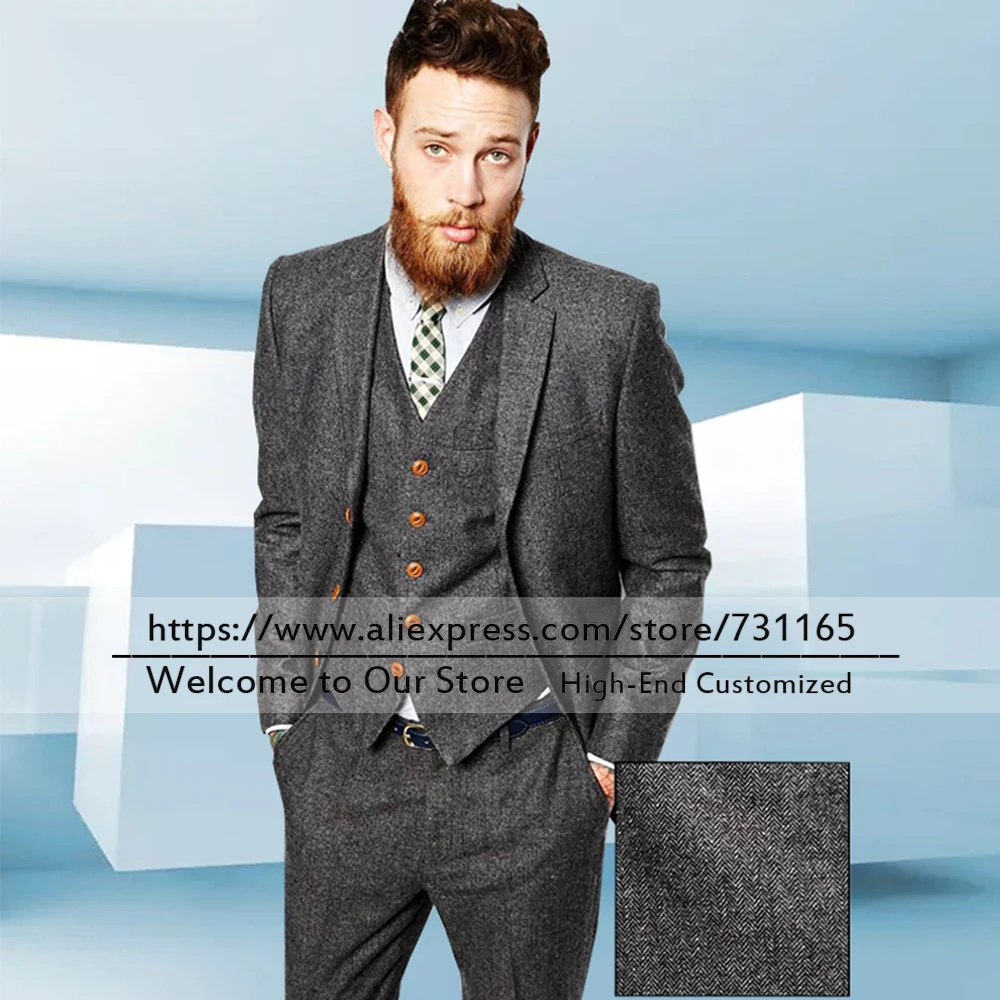 Твид шерстяной пиджаки мужские костюмы для свадьбы 3 предмета Комплект