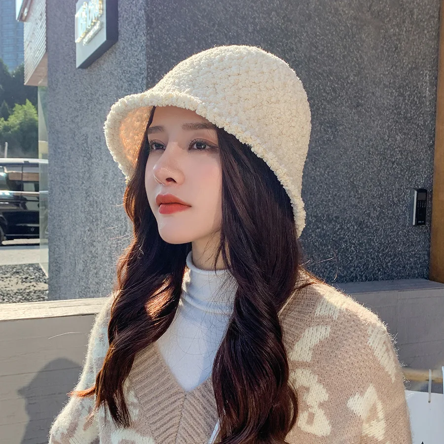 Women's Bucket Hat Winter Cap 2021 Spring Fisherman Hip Hop Plush Lambswool Girls Casual Summer Warm Beach Streetwear