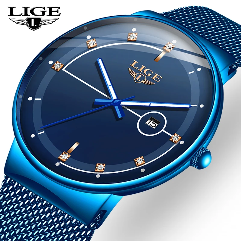 LIGE часы мужские модные ультра тонкие деловые водонепроницаемые кварцевые