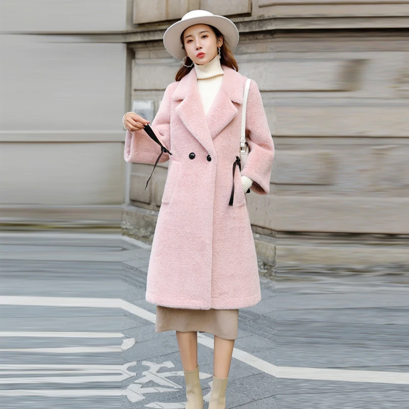 

Cashmere Coat Mid-Length Woolen Turn Down Collar Double Breasted Warm Womens Coats Winter 2019 New Loose Fashion Cashmere Coat