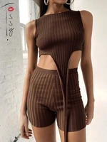tossy brown ribbed sleeveless cropped top and short pants 2 pieces set women o neck slim sexy suits streetwear 2022 fashion