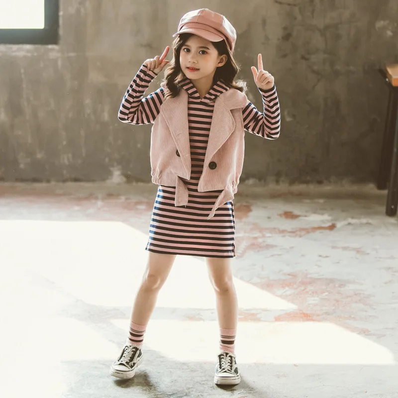 2021 Stripe Spring Autumn Children Clothes Baby Girls Hooded Sweatshirts + Vest Kids Teenagers Tracksuit Sport Suits Outwear