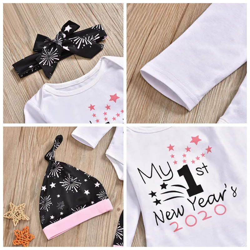 

4Pcs Infant Baby Girl Cotton Long Sleeve Letter Print Romper Trousers Headband Hats