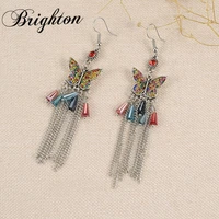 brighton 2021 vintage butterfly long tassel drop earrings for women girl colorful crystal beads bohemian brincos ethnic jewelry