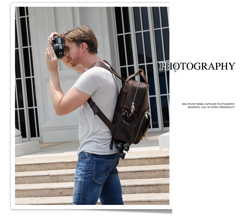new outdoor camera bag men backpack retro crazy horse leather laptop bag wear resistant camera backpacks detachable liner free global shipping