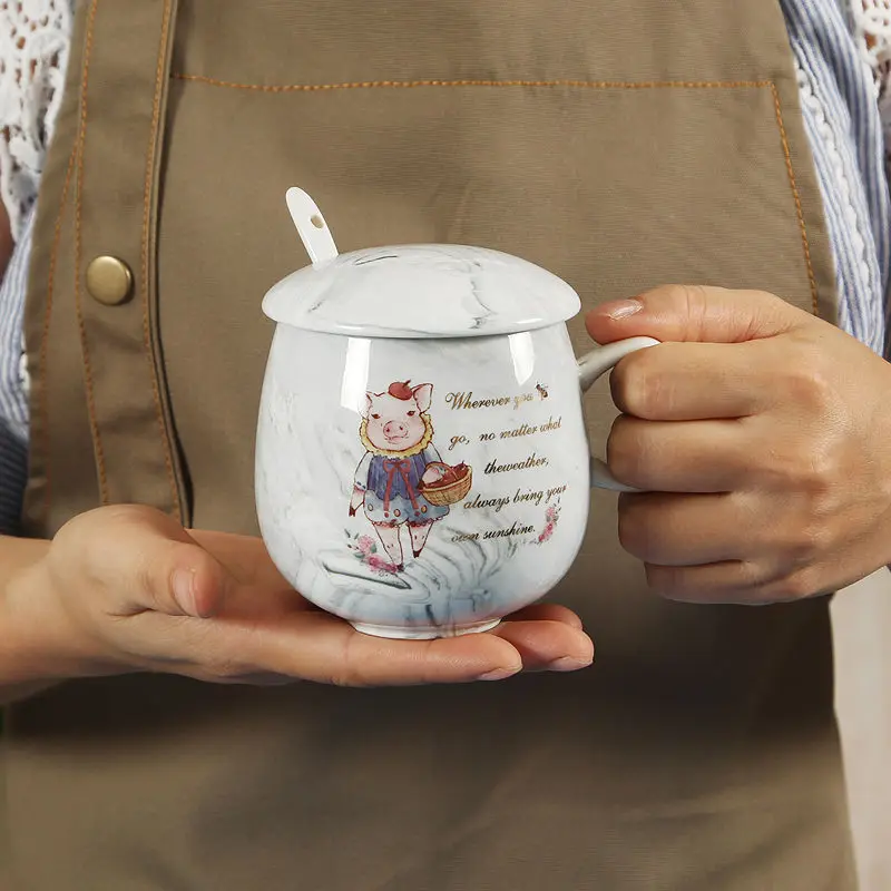 New Ceramic Drinking Cup with Lid Spoon Piglet Cute Modern Minimalist Marble Pattern Couple Milk Mug Coffee Tumblers Grinch | Дом и сад
