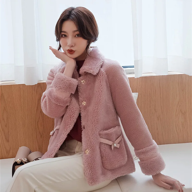 

Women 2020 Autumn Winter Wool Fur Warm Jacket Female Sheep Shearing Outerwear Ladies Solid Color Loose Coat M282