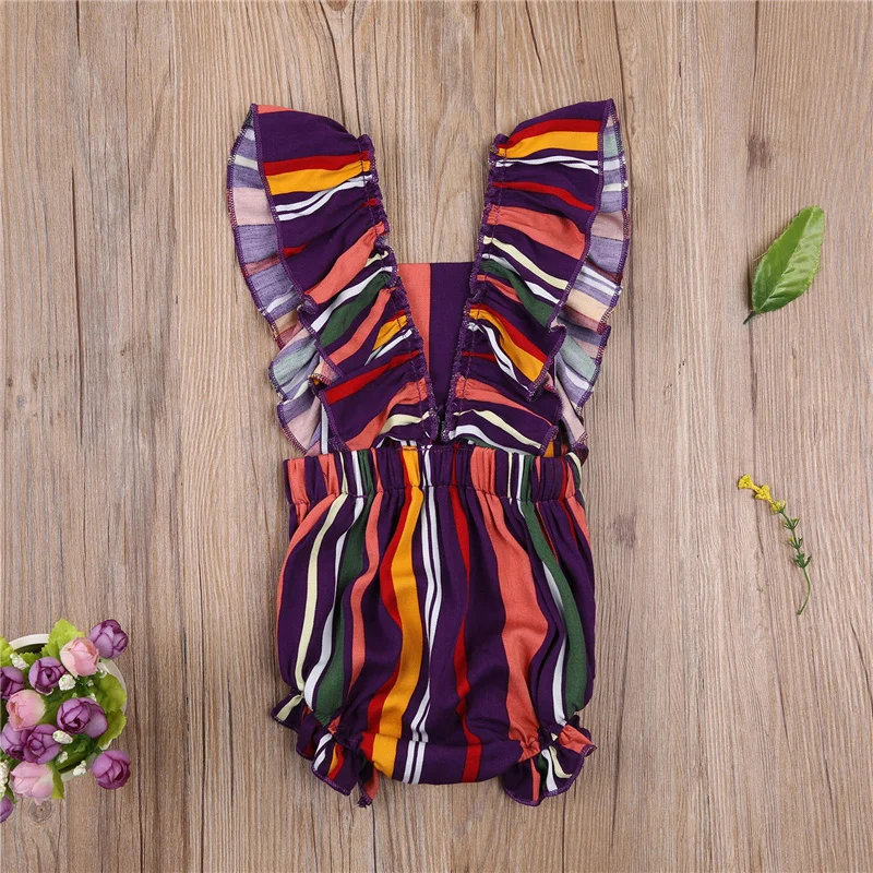 

Baby Girls summer Brethable Bodysuit,Infant Fashion Striped Square Neck Fly Sleeve Ruffled Playsuits