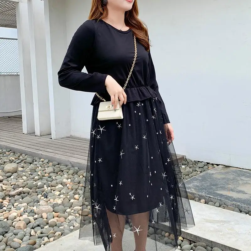 Женское платье в Корейском стиле черное Сетчатое большого размера с принтом