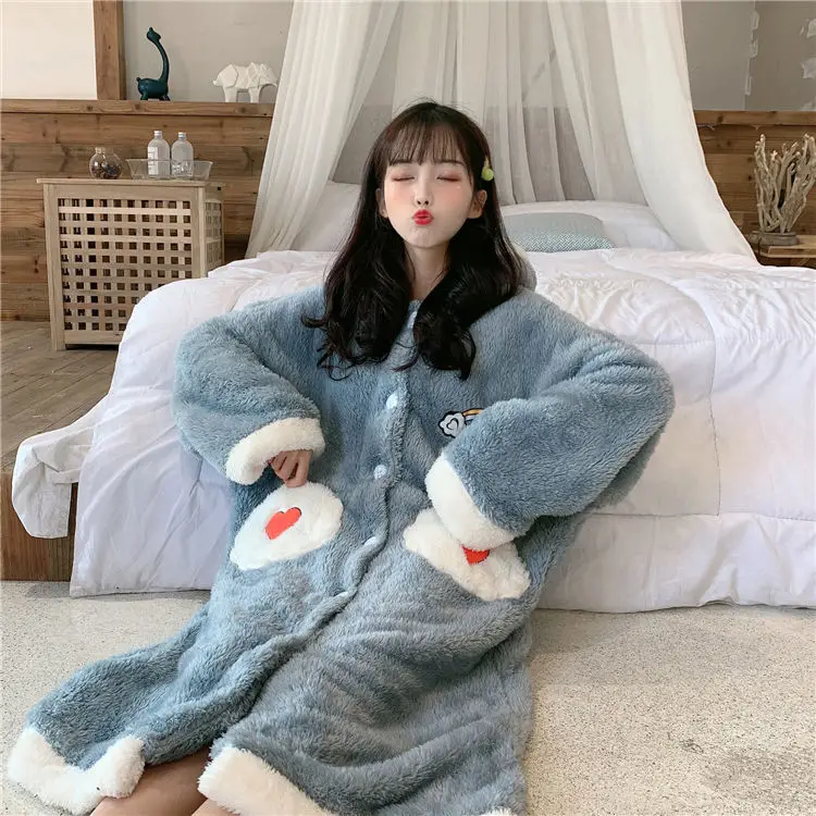 Халат женский фланелевый с капюшоном теплый синий халат-кимоно карманами мягкая