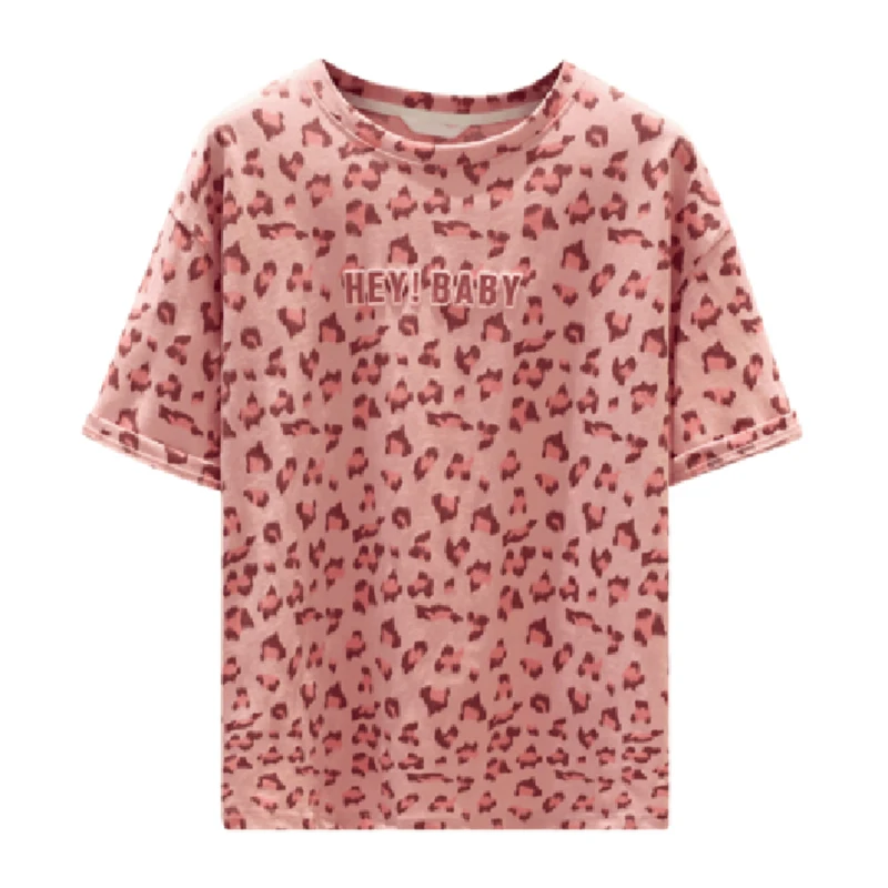 JVCAKE розовая футболка леопардовая женская летняя с вырезом лодочкой коротким