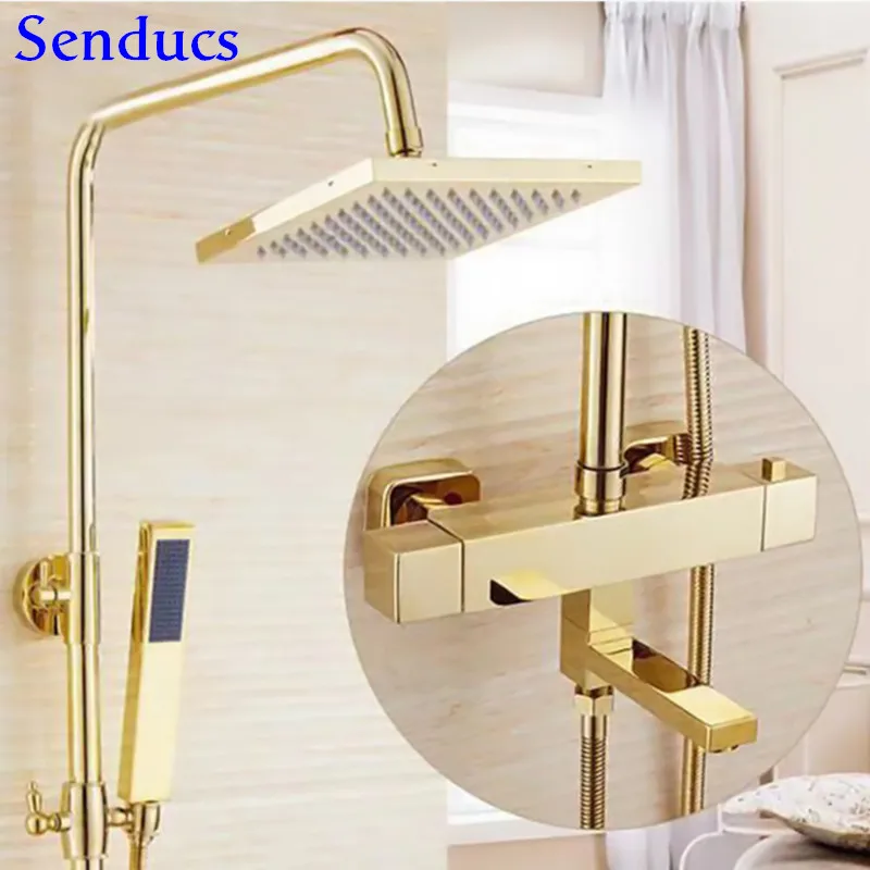 

Thermostatic Shower Set Senducs Gold Bathroom Shower System 38 Thermostatic Bath Shower Set Square Rainfall Top Shower Faucet