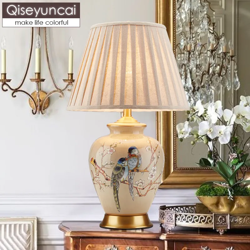 

American copper living room ceramic table lamp atmosphere retro flower and bird new Chinese study bedroom bedside lamp