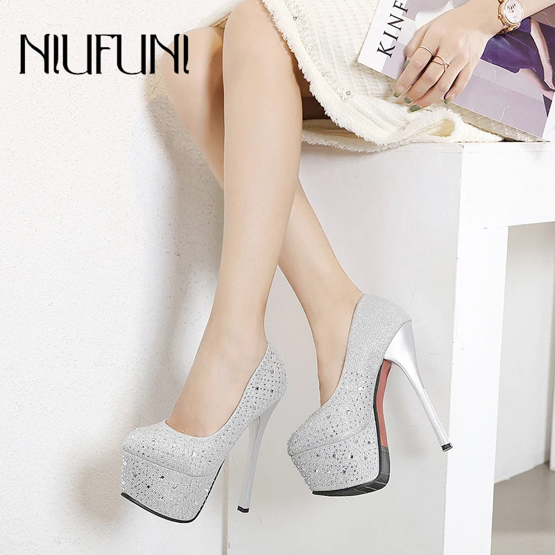 

NIUFUNI Sexy 16CM Ultra Fine High Heels Wedding Party Women Shoes Rhinestone Bling Slip On Pumps Round Head Platform Stiletto